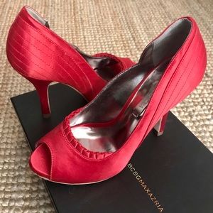 BCBG satin peep toe pumps.